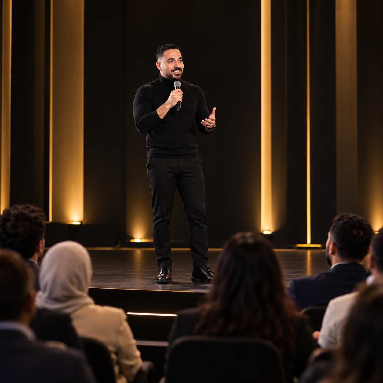 مشهد تصوّري مولّد لمحمود حسن يتحدث على المسرح أمام الحضور